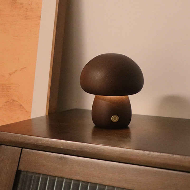 Wooden Mushroom Night Lamp — Touch Dimmer, Warm Glow Bedside Light