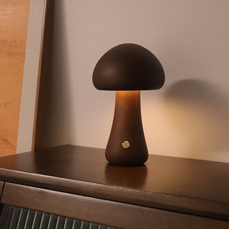 Wooden Mushroom Night Lamp — Touch Dimmer, Warm Glow Bedside Light