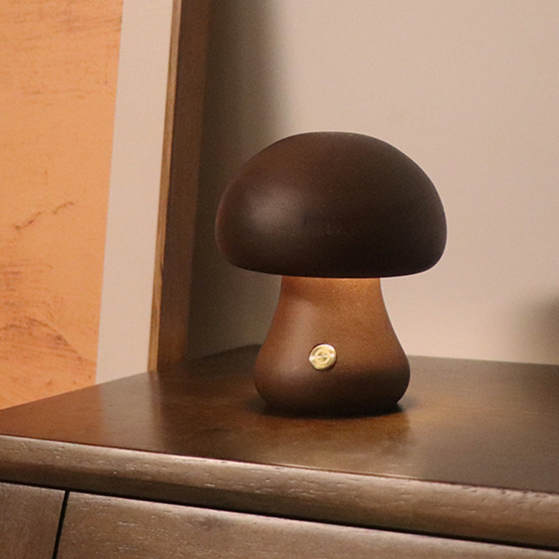 Wooden Mushroom Night Lamp — Touch Dimmer, Warm Glow Bedside Light