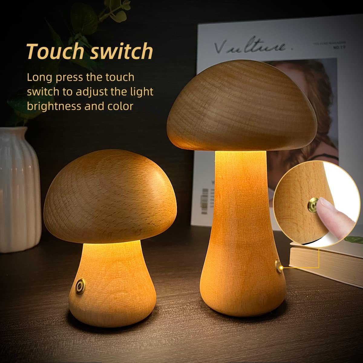 Wooden Mushroom Night Lamp — Touch Dimmer, Warm Glow Bedside Light