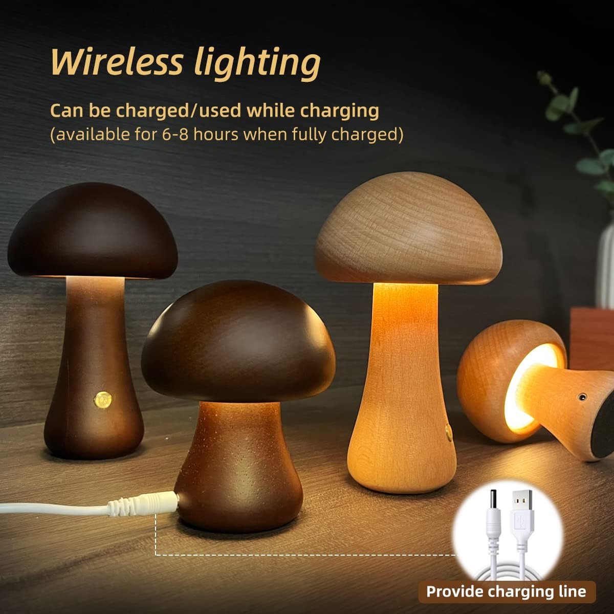 Wooden Mushroom Night Lamp — Touch Dimmer, Warm Glow Bedside Light
