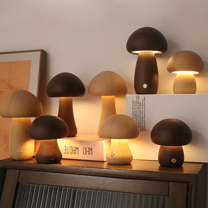 Wooden Mushroom Night Lamp — Touch Dimmer, Warm Glow Bedside Light