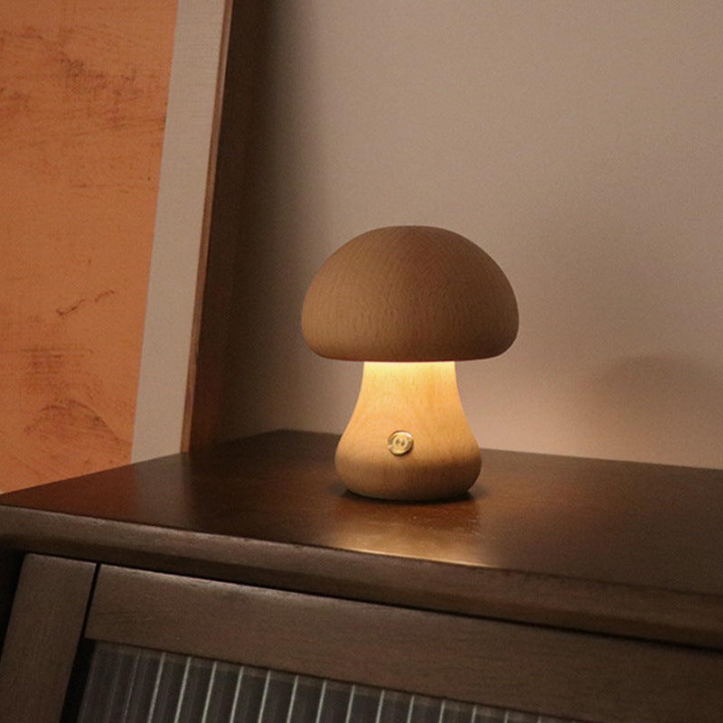 Wooden Mushroom Night Lamp — Touch Dimmer, Warm Glow Bedside Light