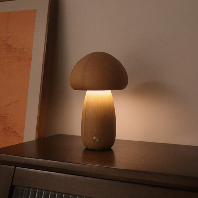 Wooden Mushroom Night Lamp — Touch Dimmer, Warm Glow Bedside Light