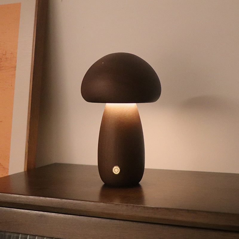 Wooden Mushroom Night Lamp — Touch Dimmer, Warm Glow Bedside Light