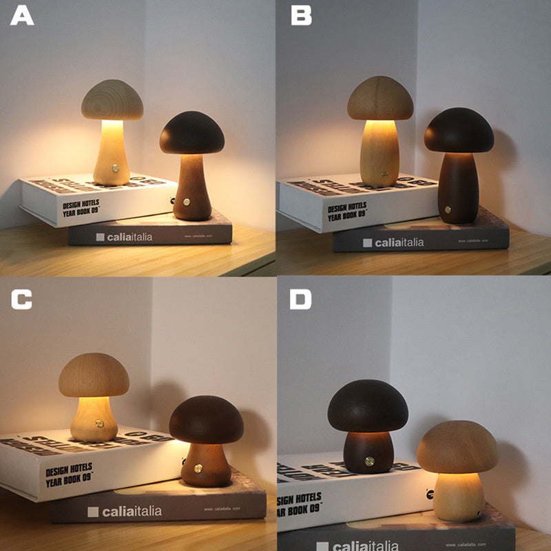 Wooden Mushroom Night Lamp — Touch Dimmer, Warm Glow Bedside Light