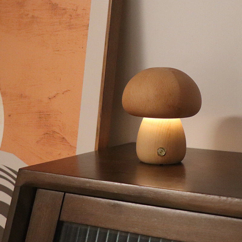 Wooden Mushroom Night Lamp — Touch Dimmer, Warm Glow Bedside Light