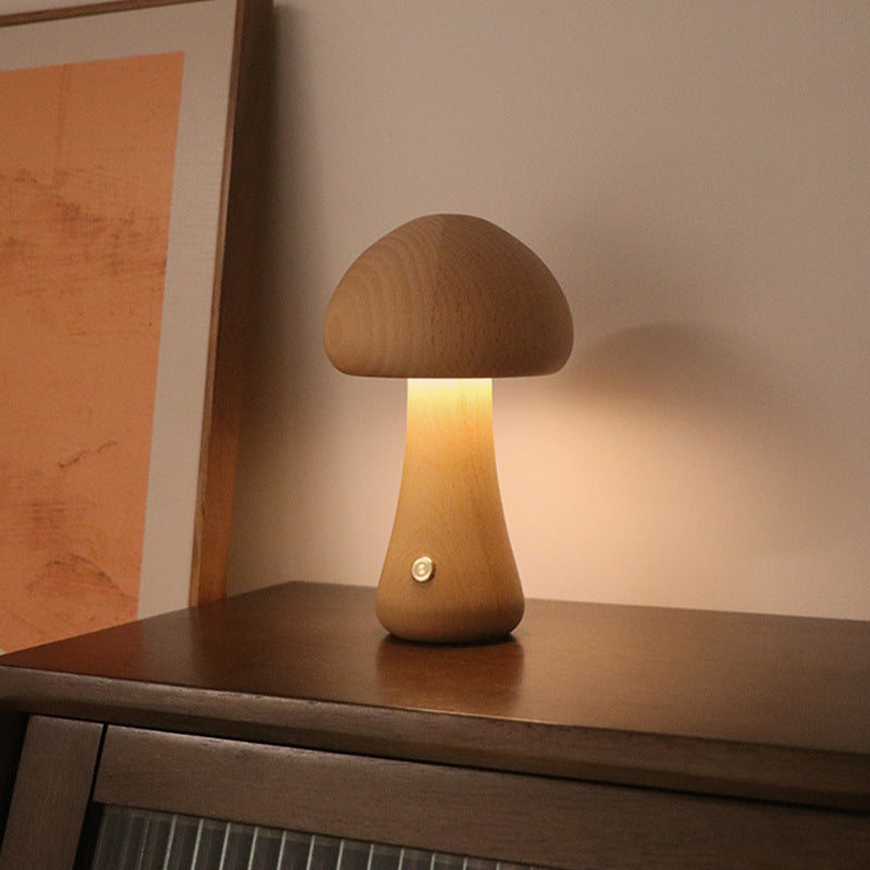 Wooden Mushroom Night Lamp — Touch Dimmer, Warm Glow Bedside Light